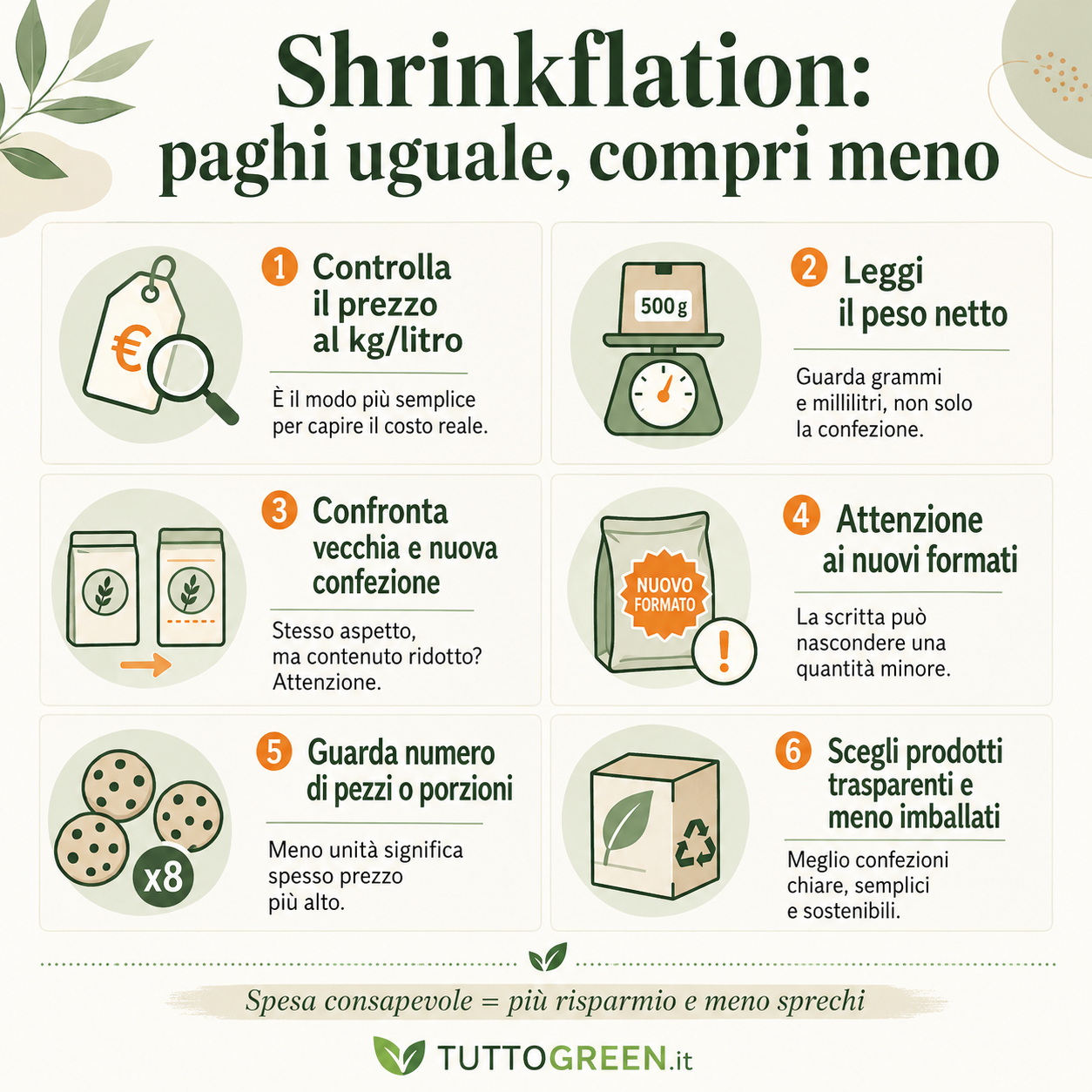Infografica quadrata in stile Tuttogreen con sei consigli pratici per riconoscere la shrinkflation al supermercato e fare una spesa più consapevole