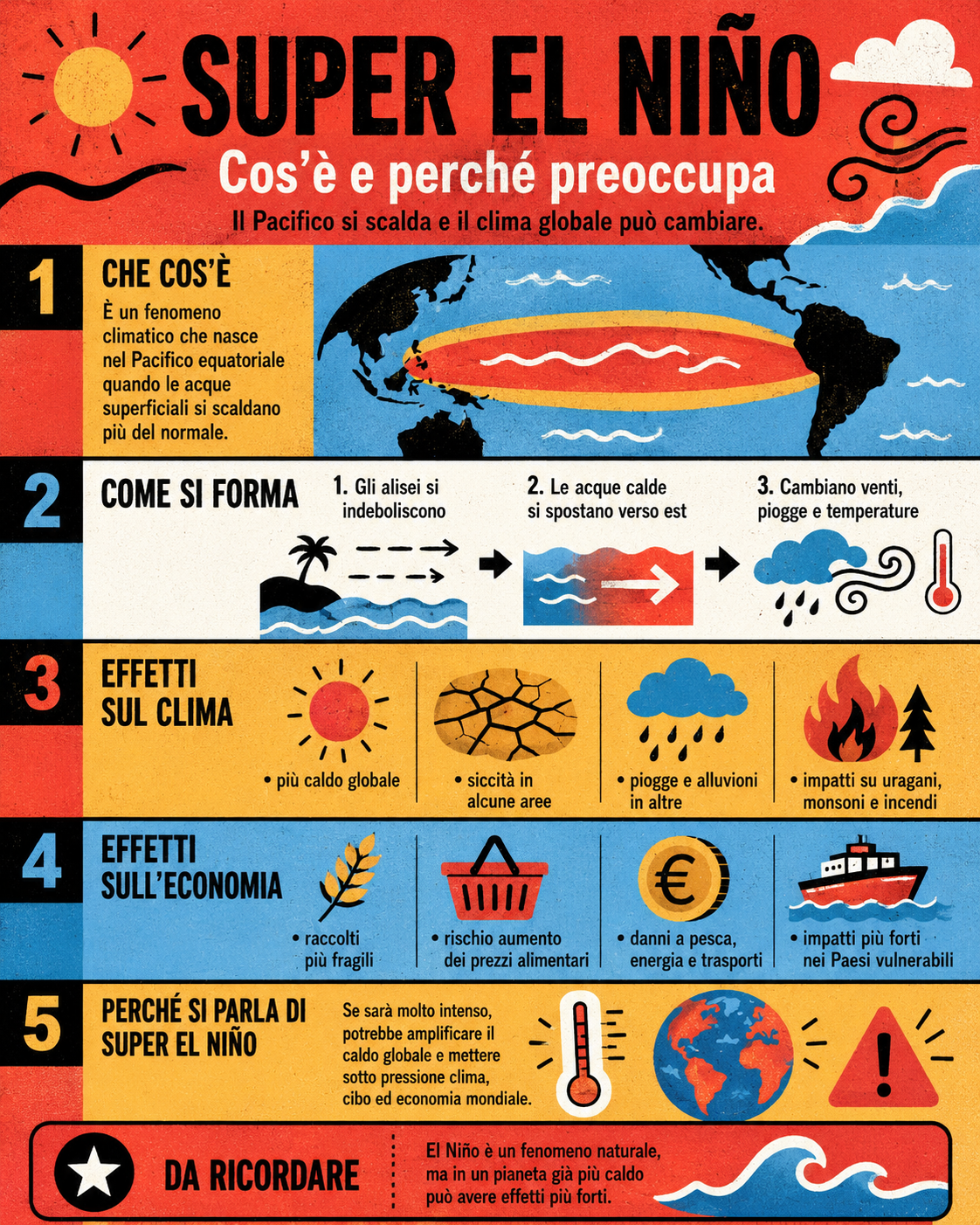 Infografica illustrata in stile pop che spiega cos’è il super El Niño, come si forma nel Pacifico equatoriale e quali effetti può avere su clima globale, siccità, piogge, prezzi alimentari ed economia mondiale