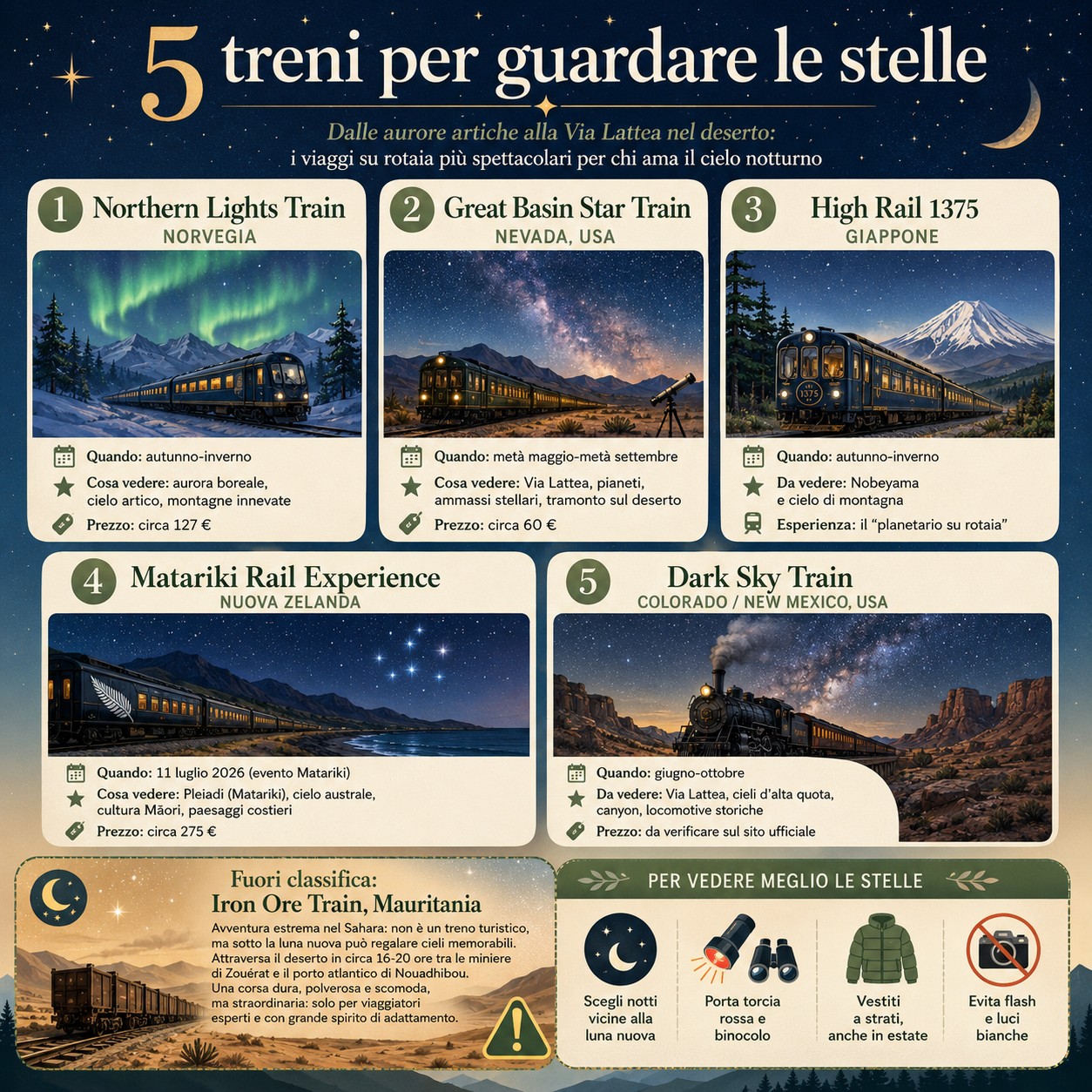 Infografica sui 5 migliori treni per guardare le stelle, con Northern Lights Train in Norvegia, Great Basin Star Train in Nevada, High Rail 1375 in Giappone, Matariki Rail Experience in Nuova Zelanda e Dark Sky Train tra Colorado e New Mexico, più consigli pratici per osservare il cielo notturno