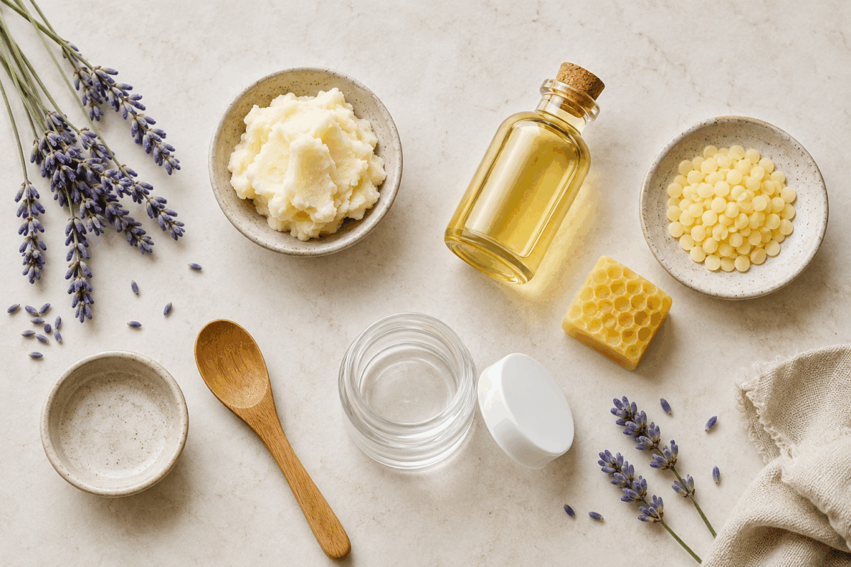 Flat lay elegante con burro di karité, olio di mandorle dolci, olio essenziale di lavanda, cera d’api, vasetto vuoto e cucchiaio su piano chiaro