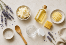 Flat lay elegante con burro di karité, olio di mandorle dolci, olio essenziale di lavanda, cera d’api, vasetto vuoto e cucchiaio su piano chiaro