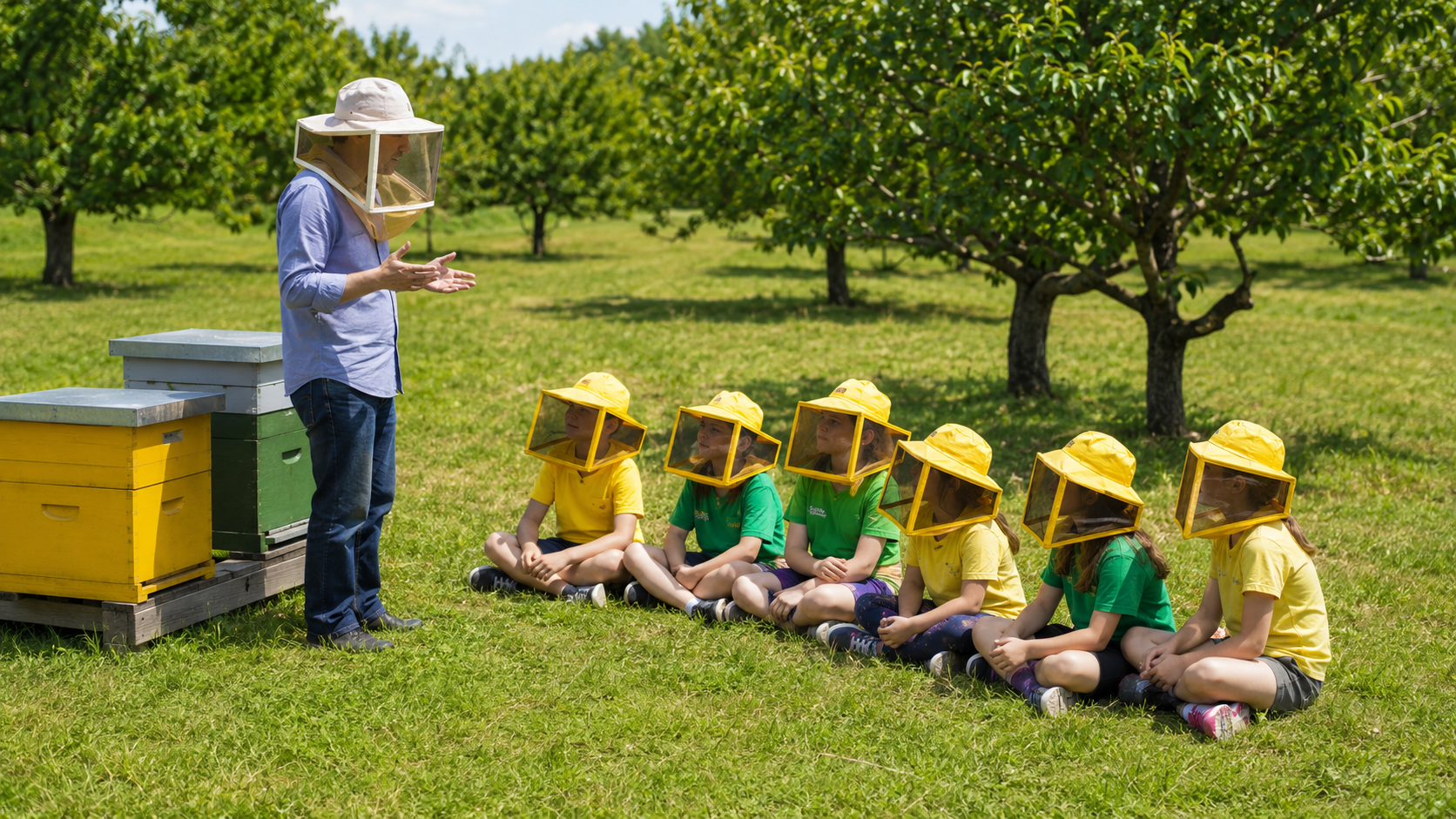 Bambini con cappelli protettivi da apicoltura seduti sull’erba durante una lezione all’aperto in una fattoria didattica, mentre un adulto spiega vicino a due arnie in un prato con alberi