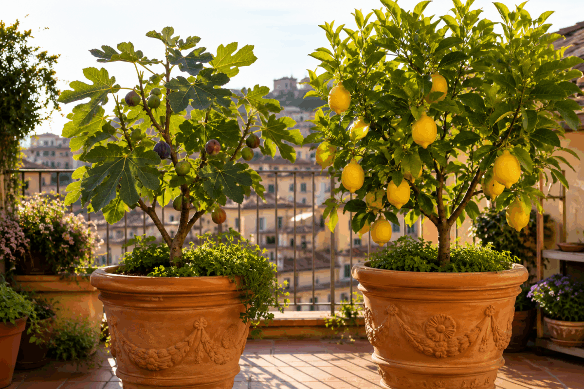 Terrazzo cittadino soleggiato con grandi vasi di terracotta decorati contenenti un alberello di fico e uno di limone ricchi di frutti maturi.