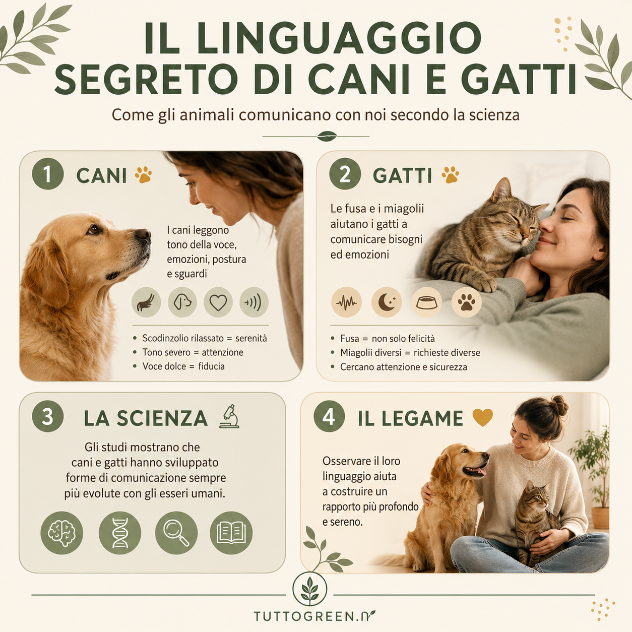 Infografica sul linguaggio segreto di cani e gatti con spiegazione scientifica di fusa, vocalizzi, emozioni e comunicazione con gli esseri umani.