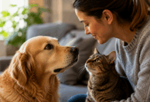 Cane e gatto che comunicano con il proprietario attraverso sguardi ed espressioni