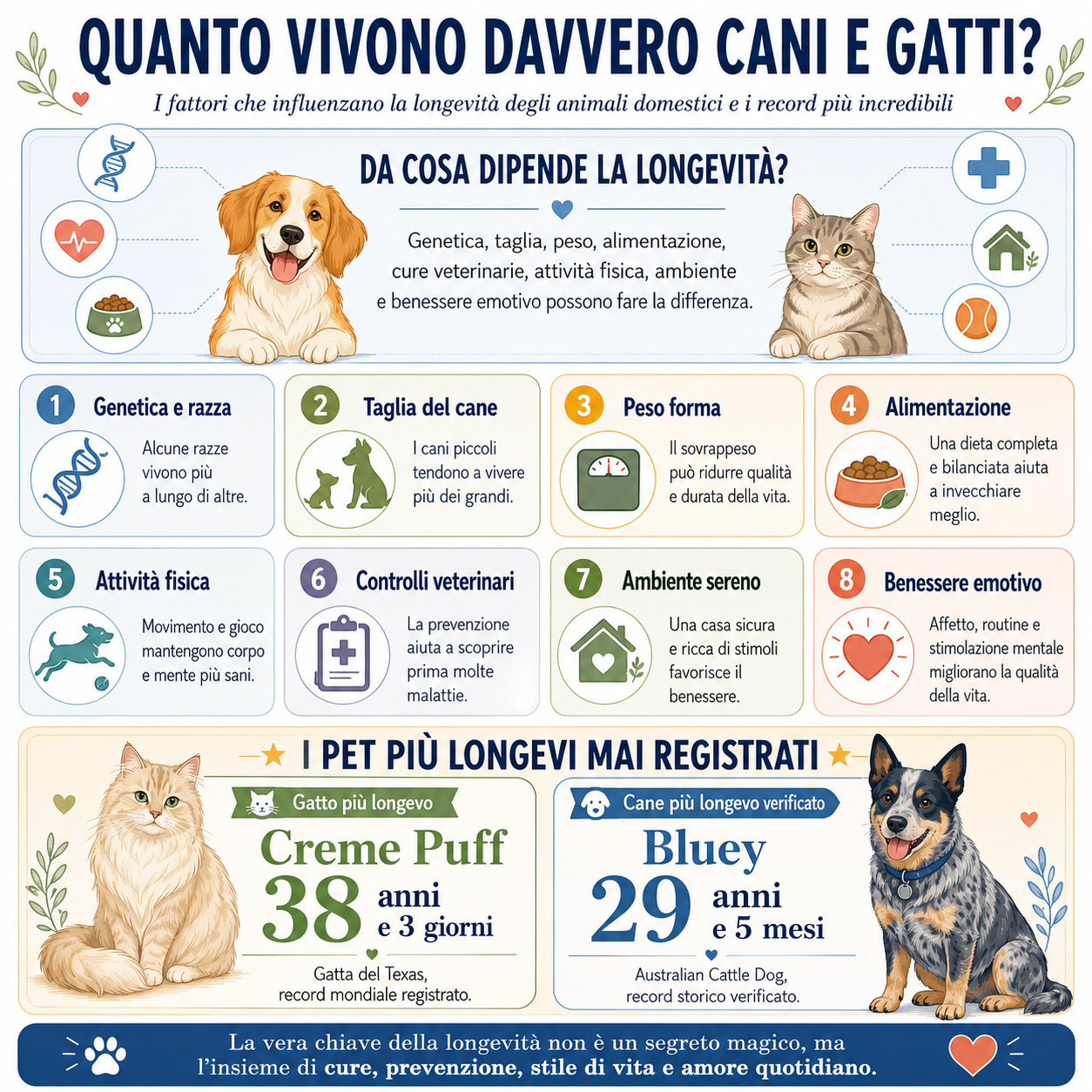 Infografica illustrata sui fattori che influenzano la longevità di cani e gatti, con focus su genetica, taglia, peso, alimentazione, attività fisica, controlli veterinari, ambiente sereno e benessere emotivo, più i record di Creme Puff e Bluey