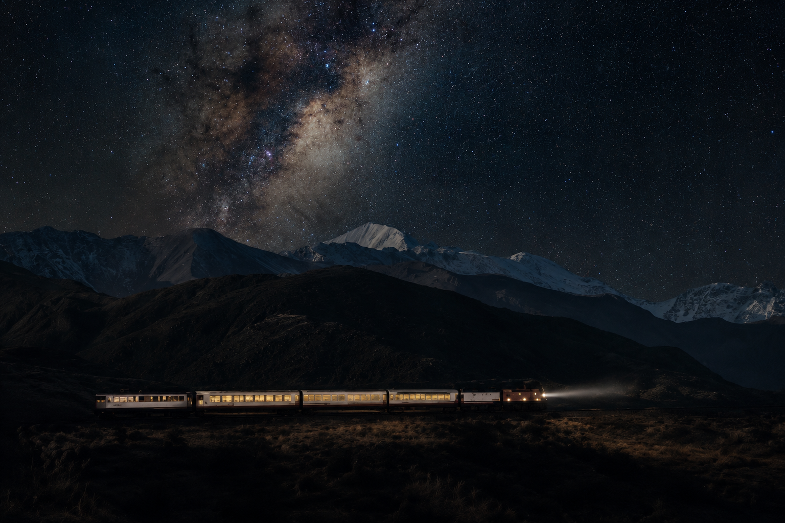 Treno notturno Matariki Rail Experience in viaggio tra Christchurch e Kaikōura sotto un cielo stellato dell’emisfero australe, con la Via Lattea sopra le montagne