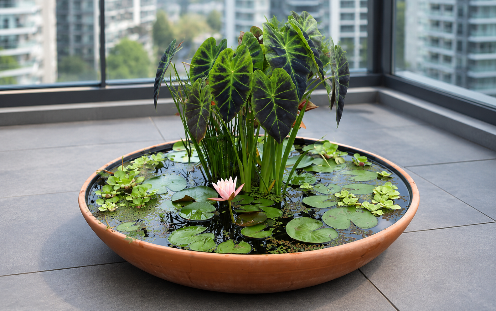 Mini-stagno da balcone moderno in una grande ciotola di terracotta, con ninfee galleggianti e piante acquatiche ornamentali, posizionato su pavimento in grandi lastre di pietra grigia davanti a un parapetto in vetro con sfondo urbano