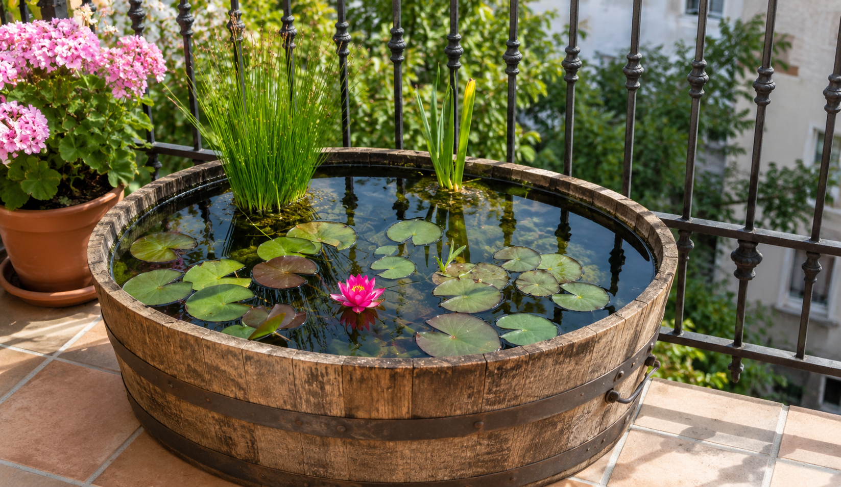 Mini-stagno da balcone in un mastello di legno dall’aria vintage, con ninfee galleggianti, fiore rosa e piante acquatiche verticali, posizionato davanti a un parapetto in ferro come angolo relax verde