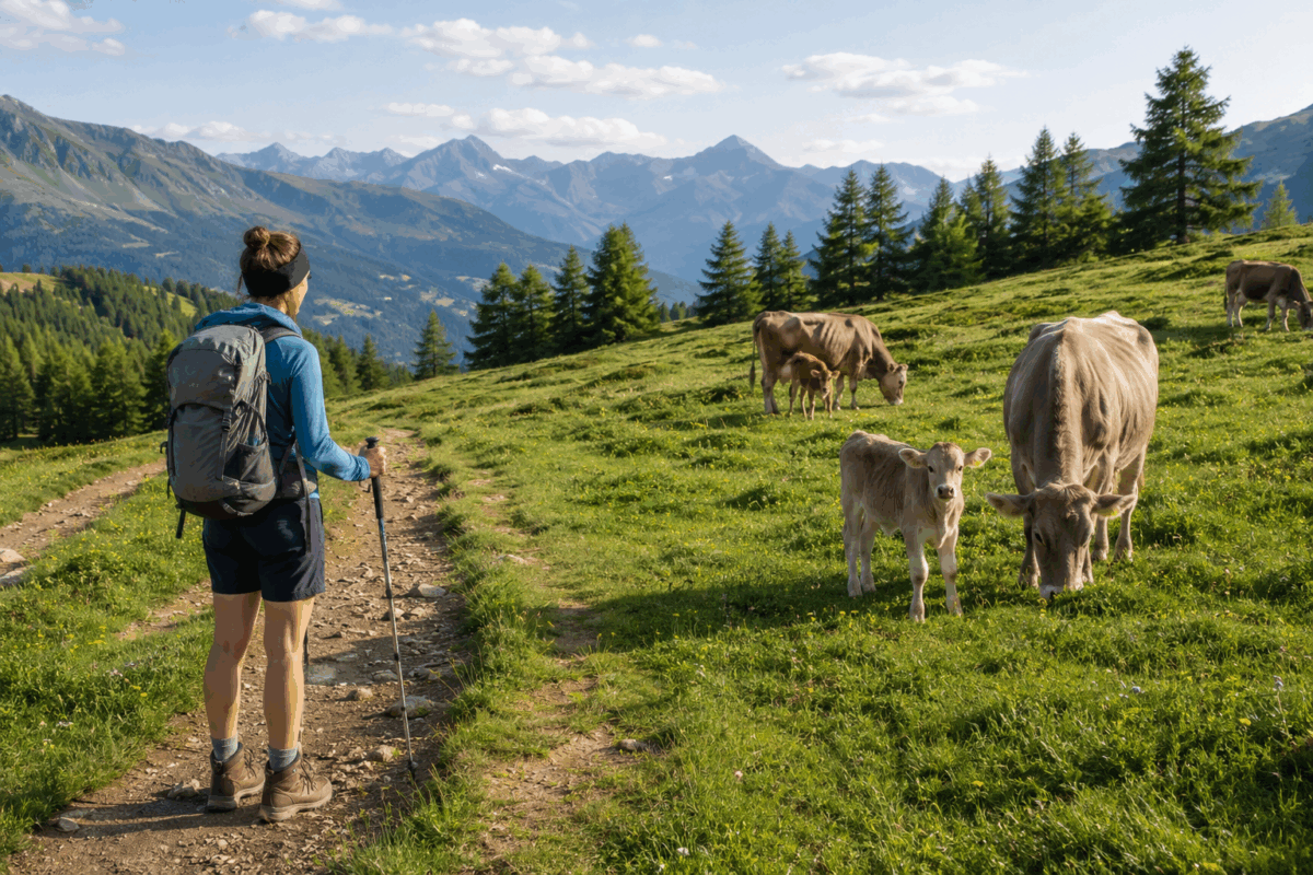 Escursionista su un sentiero di montagna mantiene la distanza da mucche e vitellini al pascolo