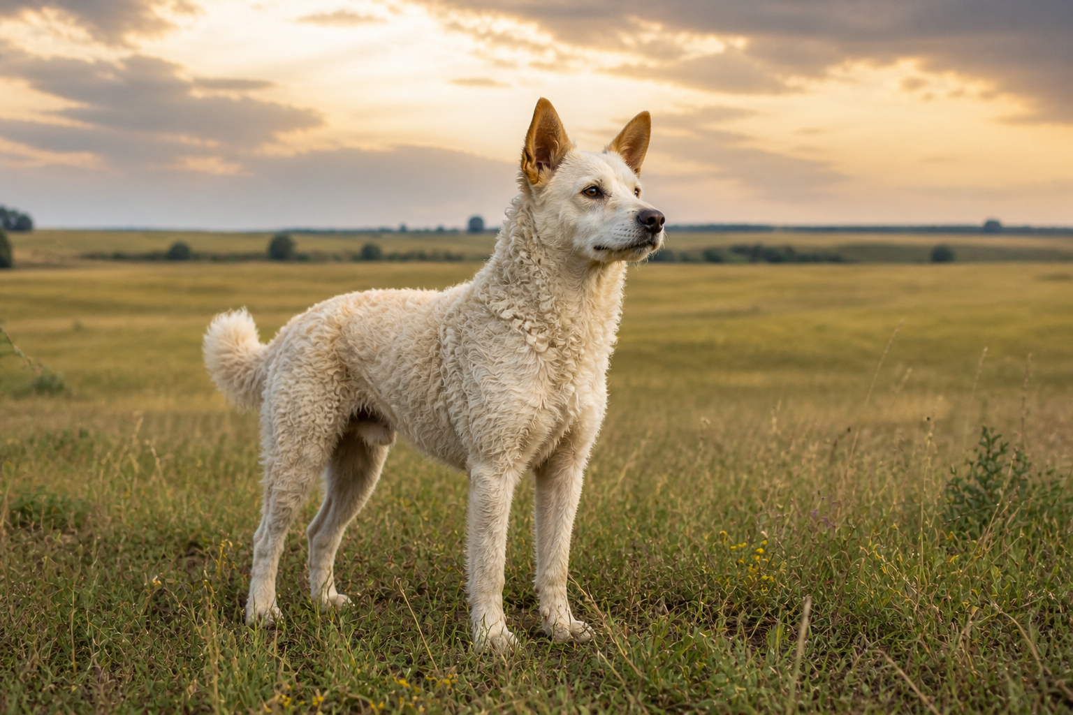 Cane pastore ungherese Mudi nella puszta, la steppa ungherese, tra erba alta e luce dorata