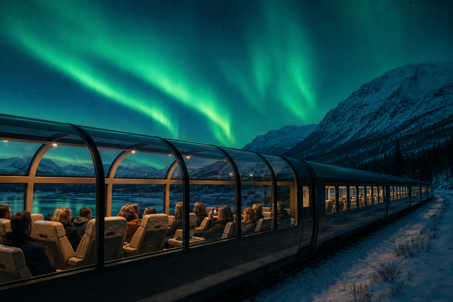 Treno panoramico Northern Lights Train in Norvegia sotto l’aurora boreale, con carrozze vetrate illuminate tra neve, montagne e cielo stellato