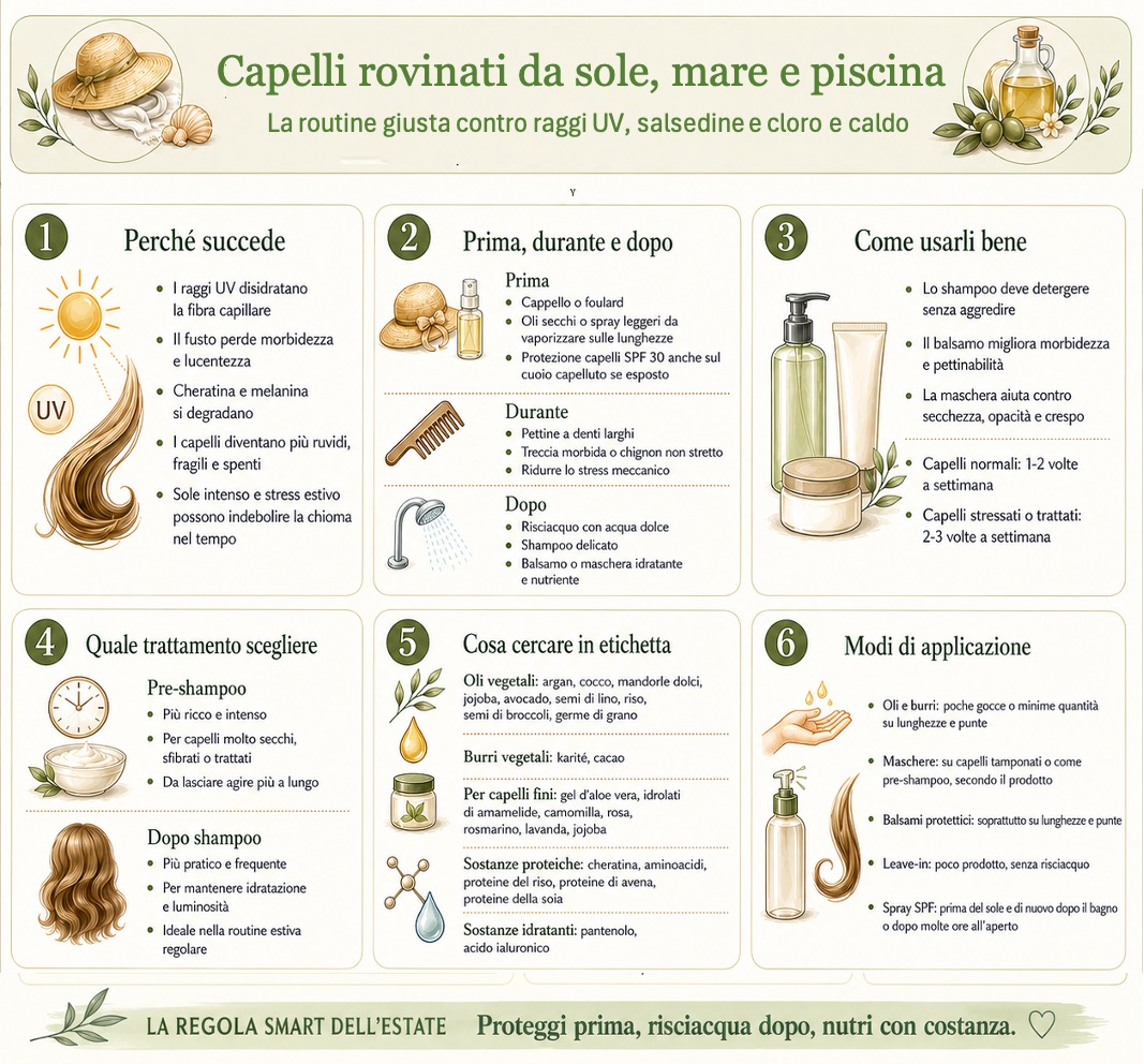 Infografica chiara ed elegante su come proteggere i capelli dal sole in estate, con consigli su routine prima, durante e dopo l’esposizione, uso di shampoo e maschere, ingredienti utili e modalità di applicazione