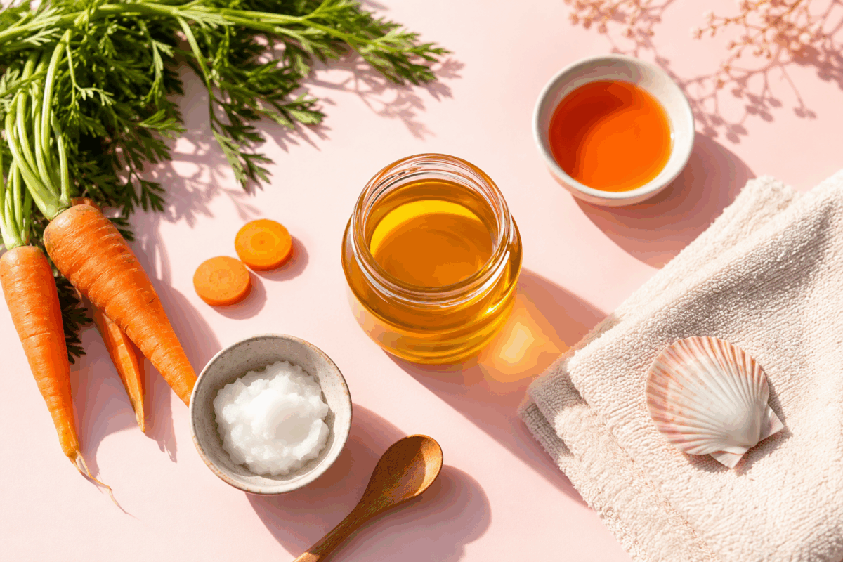 Flat lay elegante con olio solare naturale fai da te, olio di cocco, olio di carota e ingredienti estivi su sfondo rosa pallido