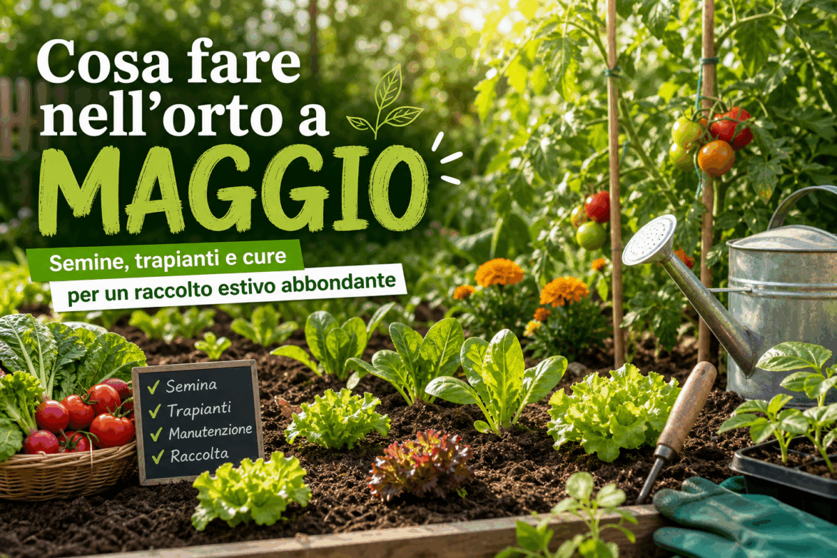 Orto di maggio con piantine di lattuga e pomodori, attrezzi da giardinaggio e annaffiatoio al sole primaverile