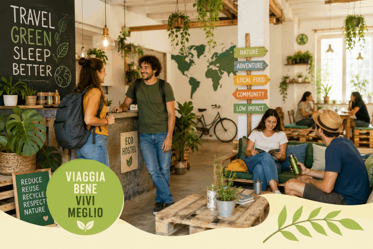 Giovani viaggiatori all’interno di un ostello eco-sostenibile con arredi in legno riciclato, piante, atmosfera luminosa e spazi comuni dedicati al turismo green