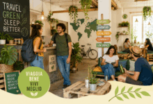 Giovani viaggiatori all’interno di un ostello eco-sostenibile con arredi in legno riciclato, piante, atmosfera luminosa e spazi comuni dedicati al turismo green
