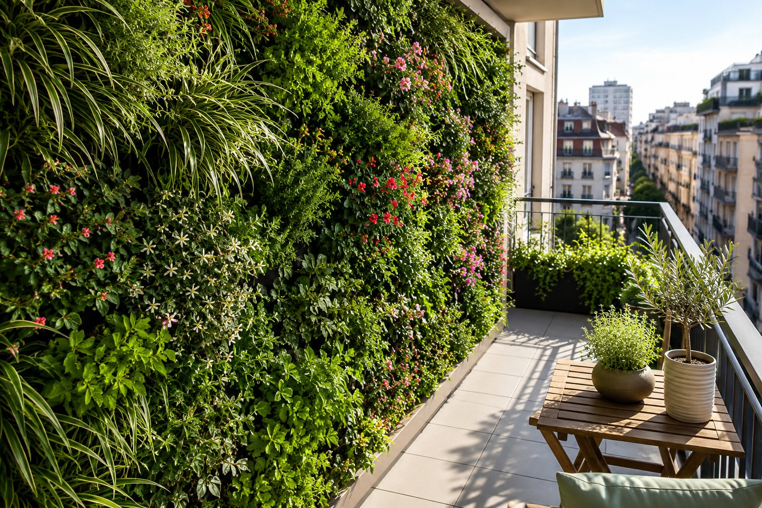 Parete di verde verticale su balcone urbano con piante ornamentali e fiorite affacciato sulla città illuminata dal sole