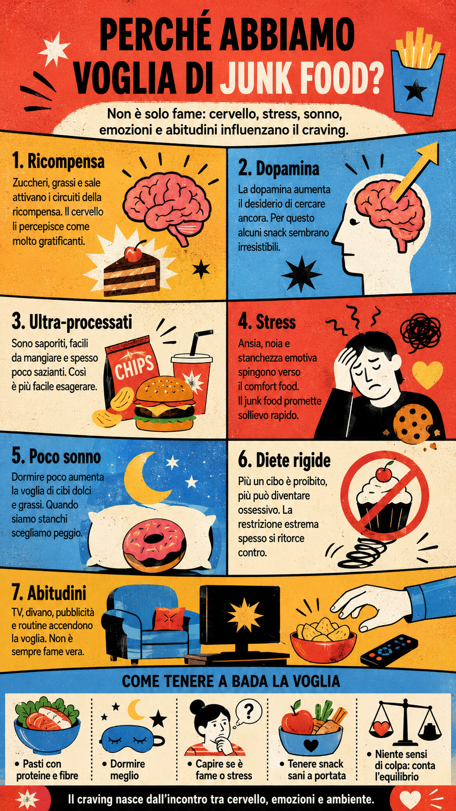 Infografica illustrata in stile rétro-pop che spiega perché nasce la voglia di junk food, con focus su ricompensa, dopamina, cibi ultra-processati, stress, sonno, diete rigide e abitudini