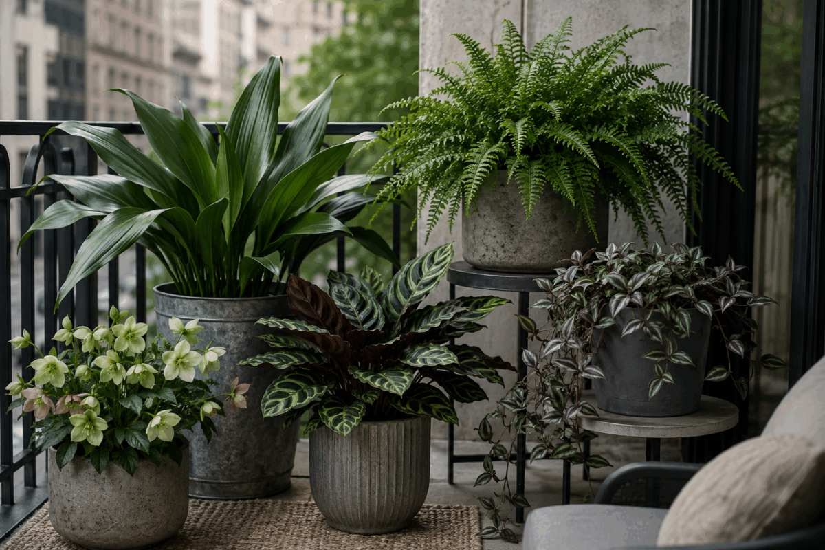 Balcone urbano in ombra con vasi grigi in metallo, cemento e plastica contenenti aspidistria, elleboro, calathea, felce e tradescantia