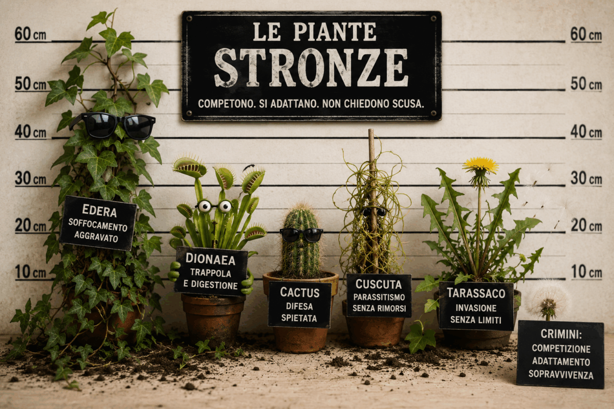 Illustrazione simpatica di piante “stronze” in stile foto segnaletica: edera, pianta carnivora, cactus e tarassaco rappresentano competizione, adattamento e sopravvivenza nel mondo vegetale