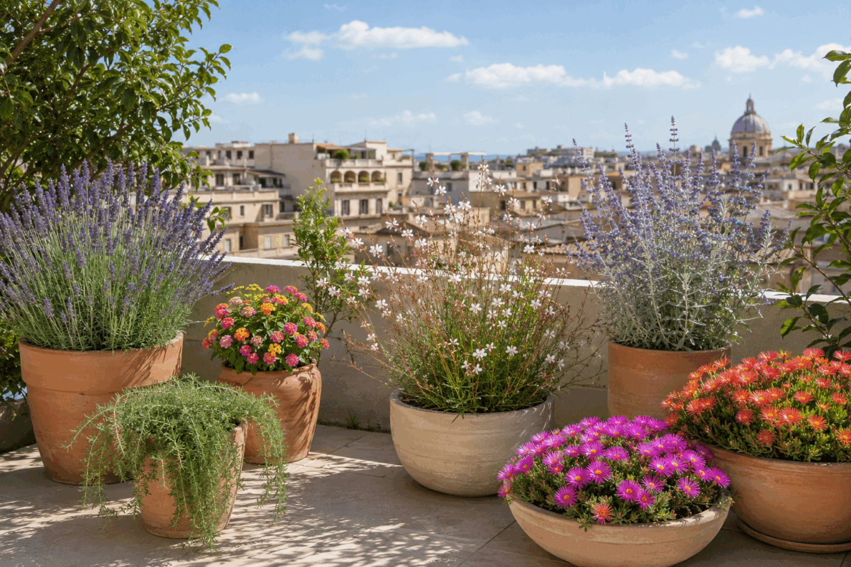 Infografica con 6 piante da terrazzo in pieno sole resistenti al caldo e alla poca acqua: lavanda, rosmarino prostrato, lantana, gaura, delosperma e perovskia