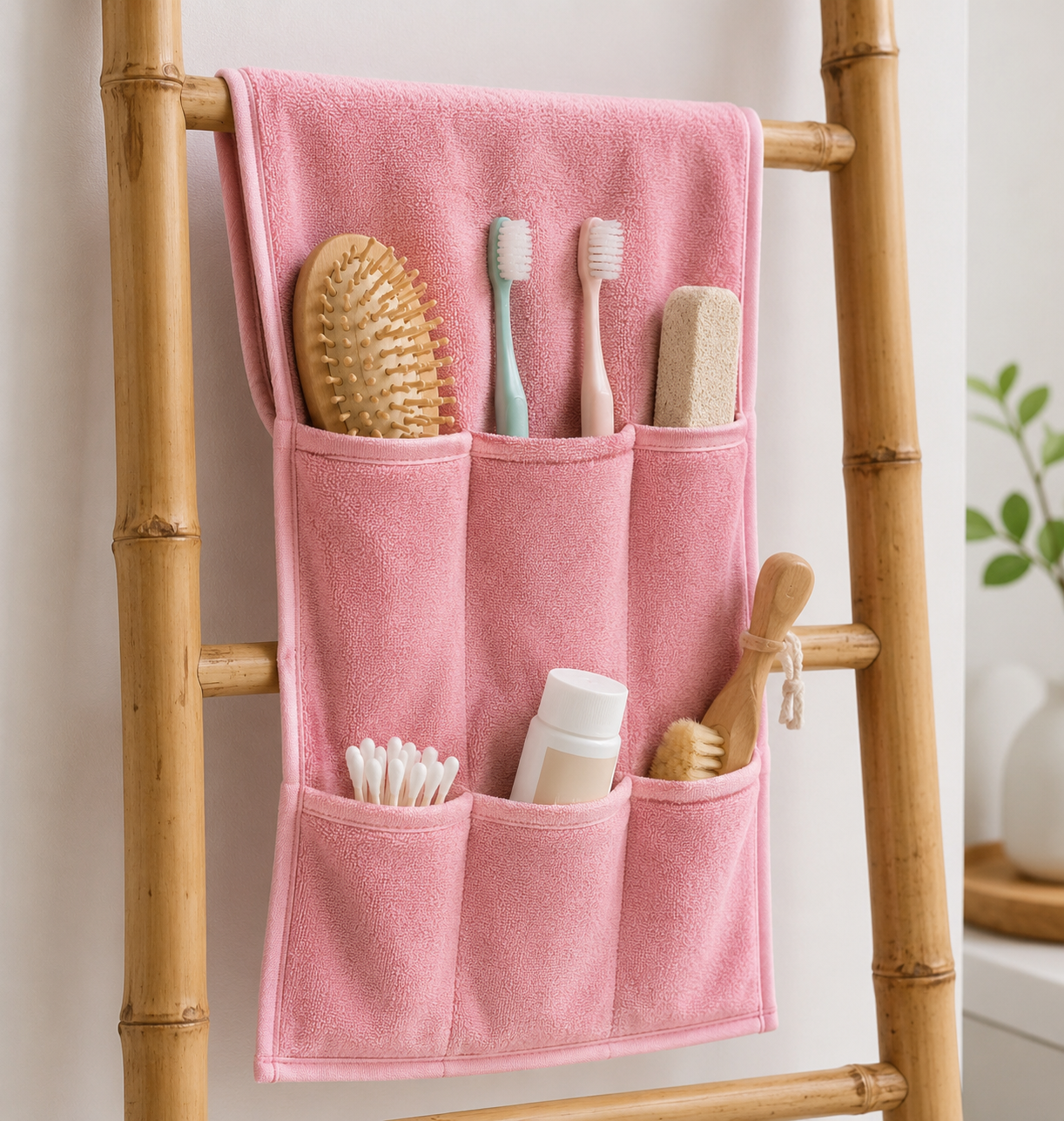 Portaoggetti bagno fai da te con asciugamano rosa appeso a scaletta in bambù con spazzole e accessori