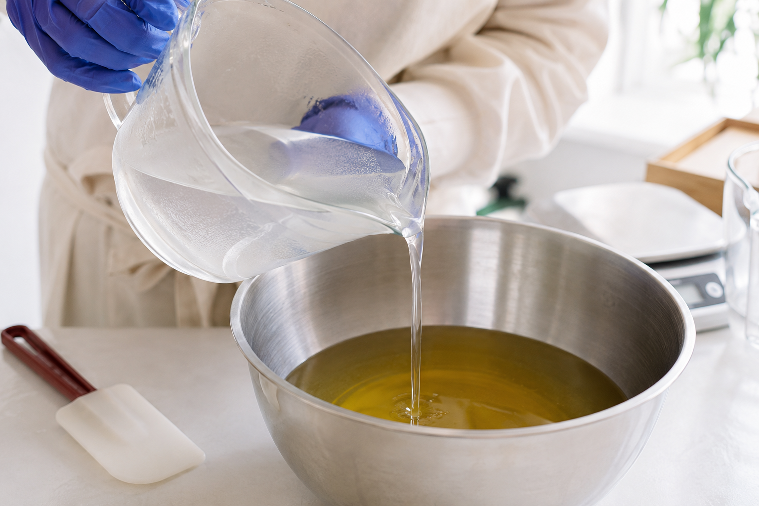 Fase di saponificazione con la soda liquida versata nell'olio lentamente con donna con guanti e protezioni pericolosa