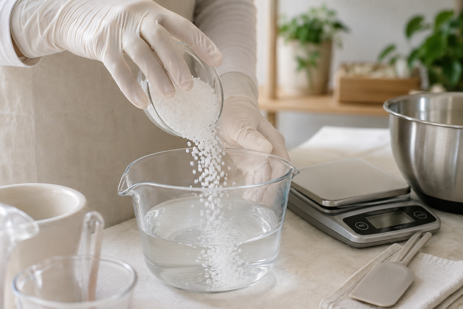 Mani con guanti protettivi che versano lentamente la soda caustica nell’acqua distillata durante la preparazione del sapone naturale fatto in casa, con bilancia digitale sullo sfondo