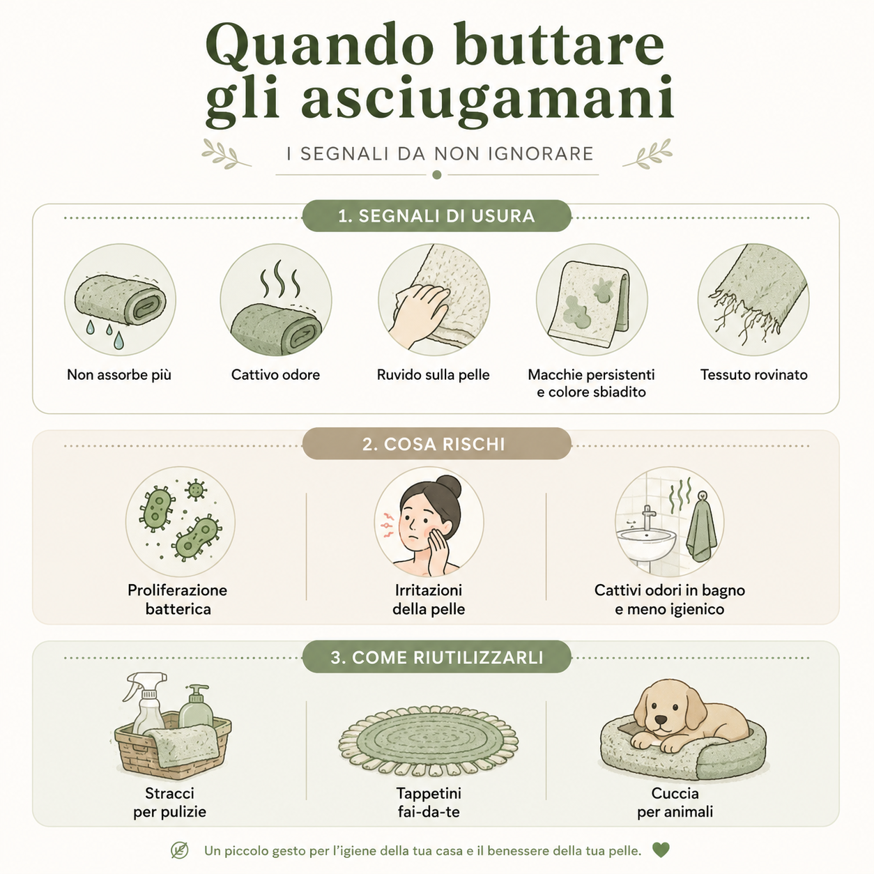 Infografica su quando buttare gli asciugamani con segnali di usura, rischi per la salute e idee per riutilizzarli