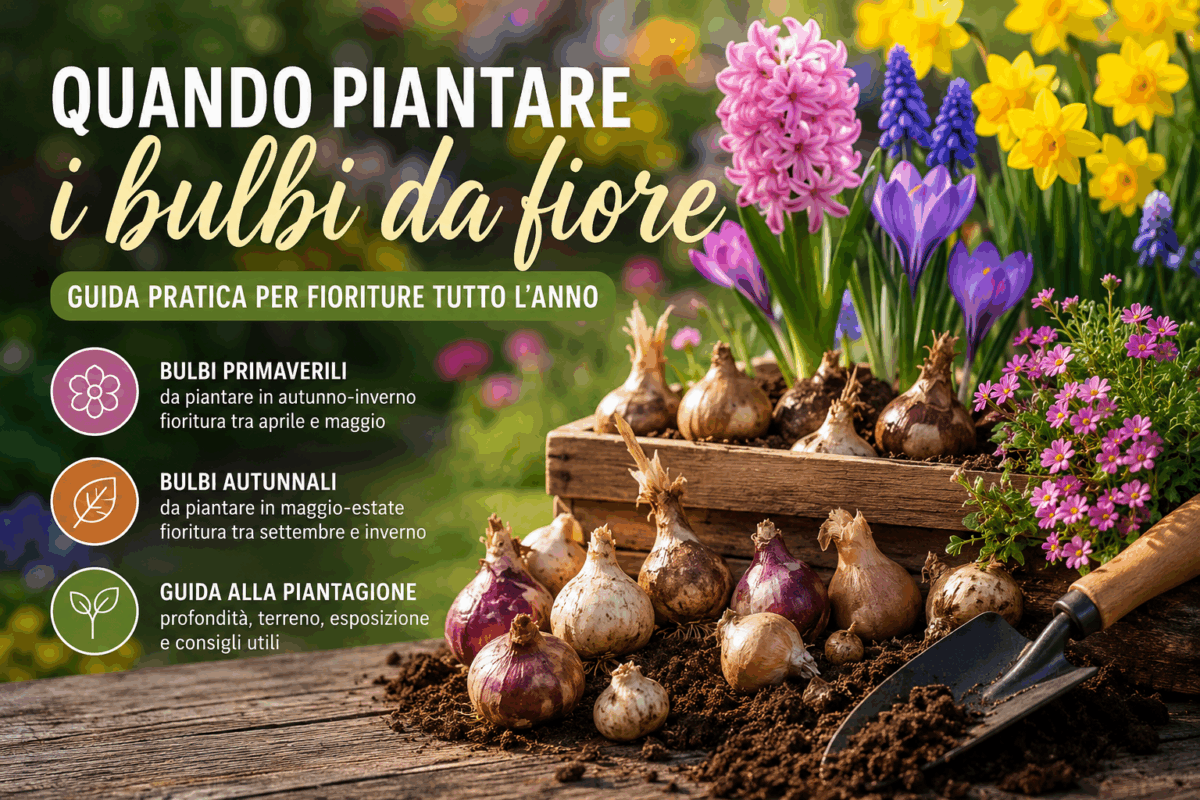Bulbi da fiore primaverili e autunnali su tavolo da giardinaggio con tulipani, narcisi e crocus in un giardino fiorito luminoso