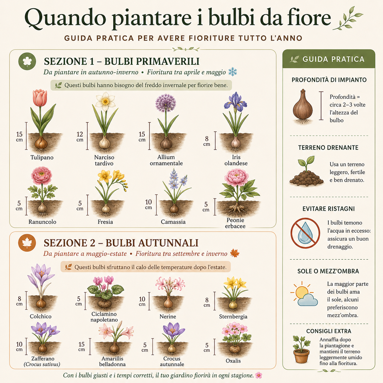 Infografica botanica su quando piantare i bulbi da fiore con bulbi primaverili e autunnali, profondità di impianto e guida pratica laterale