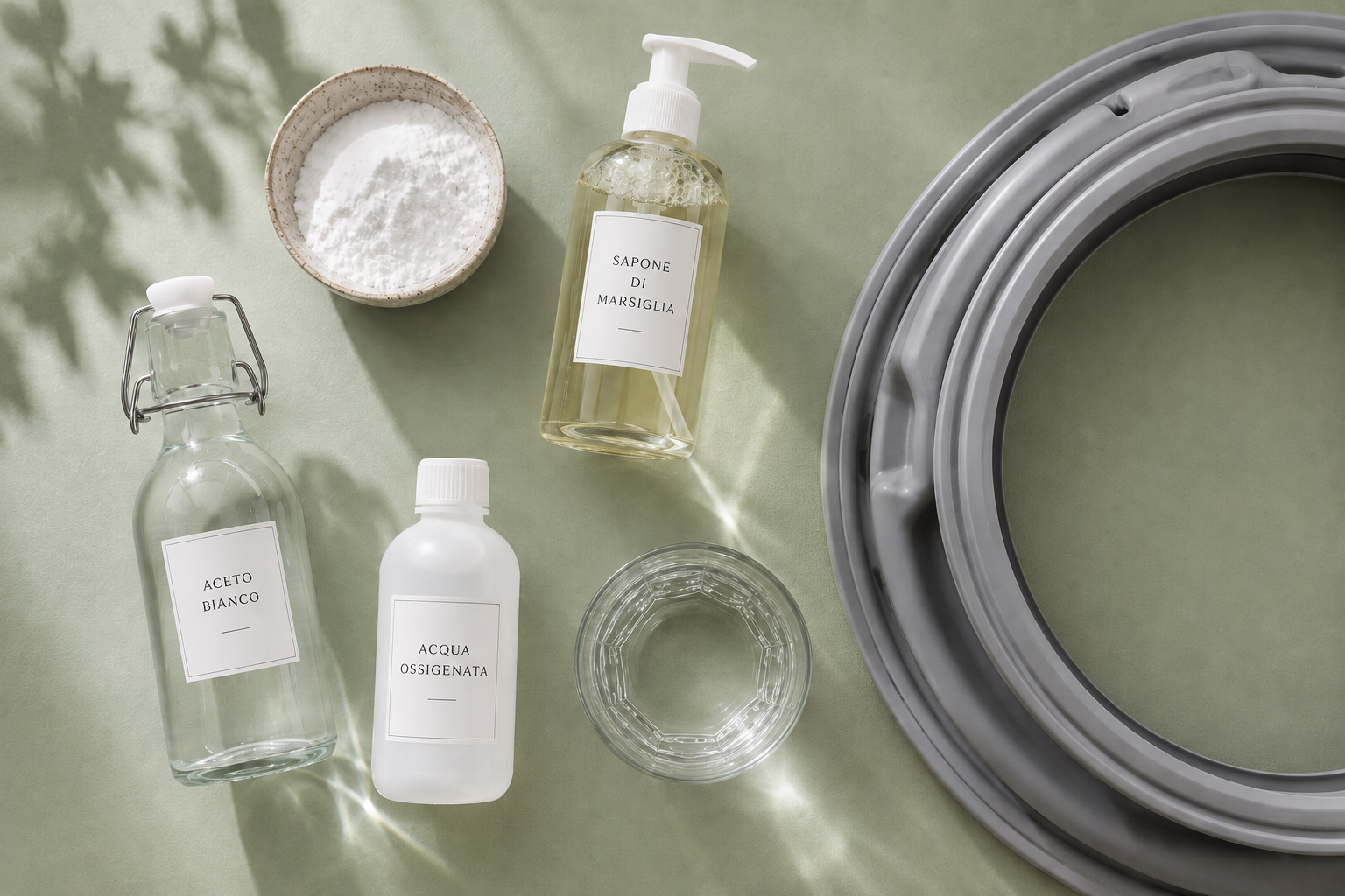 Ingredienti naturali per pulire la guarnizione della lavatrice su superficie verde salvia con bicarbonato, aceto bianco, sapone di Marsiglia e acqua ossigenata