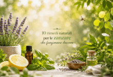 Limone, lavanda, oli essenziali e piante aromatiche usati come rimedi naturali contro le zanzare su sfondo verde luminoso con atmosfera fresca ed elegante