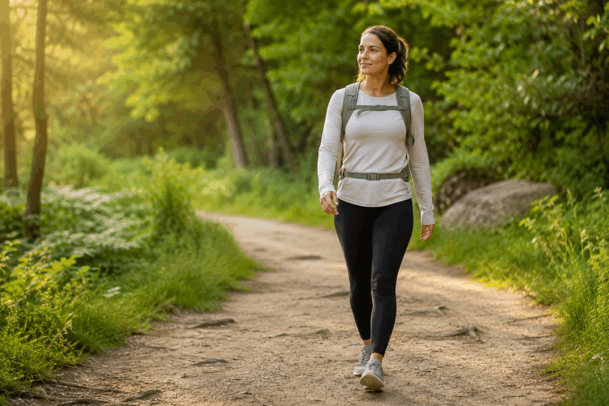 Donna che pratica rucking camminando su un sentiero nel bosco con uno zaino tecnico leggero