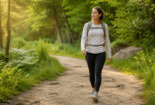 Donna che pratica rucking camminando su un sentiero nel bosco con uno zaino tecnico leggero