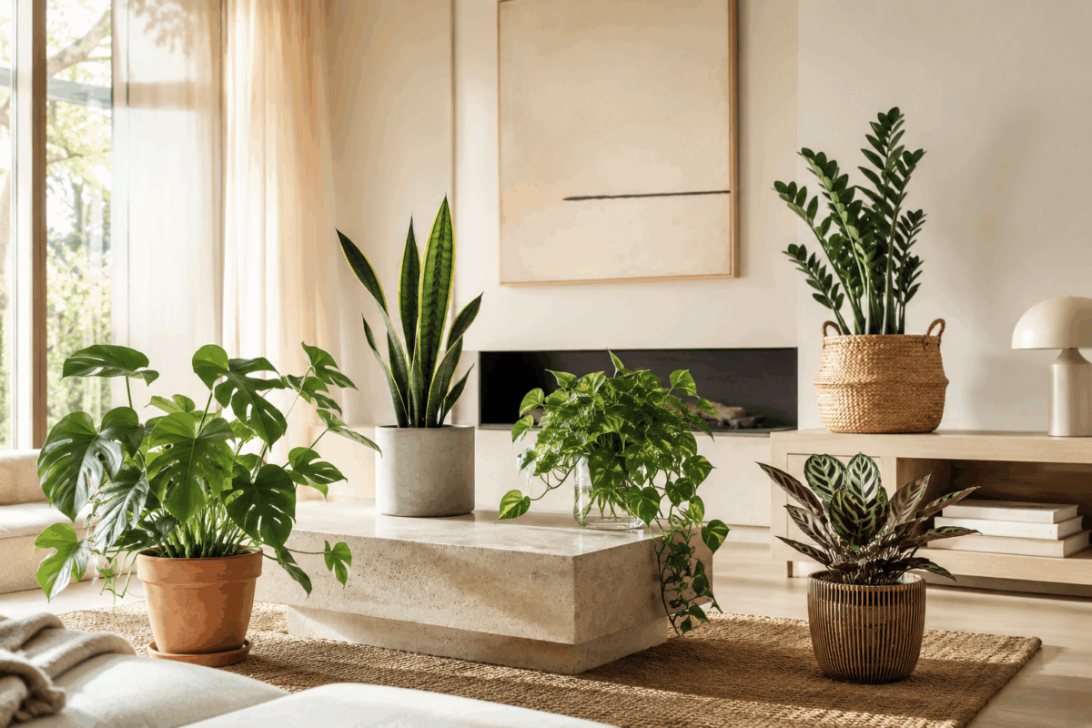 Salotto minimal moderno con piante da interno in vasi di terracotta, cemento, midollo intrecciato, vetro trasparente e plastica marrone lavorata, con filodendro, sansevieria, pothos, zamioculcas e calathea