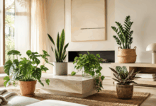 Salotto minimal moderno con piante da interno in vasi di terracotta, cemento, midollo intrecciato, vetro trasparente e plastica marrone lavorata, con filodendro, sansevieria, pothos, zamioculcas e calathea