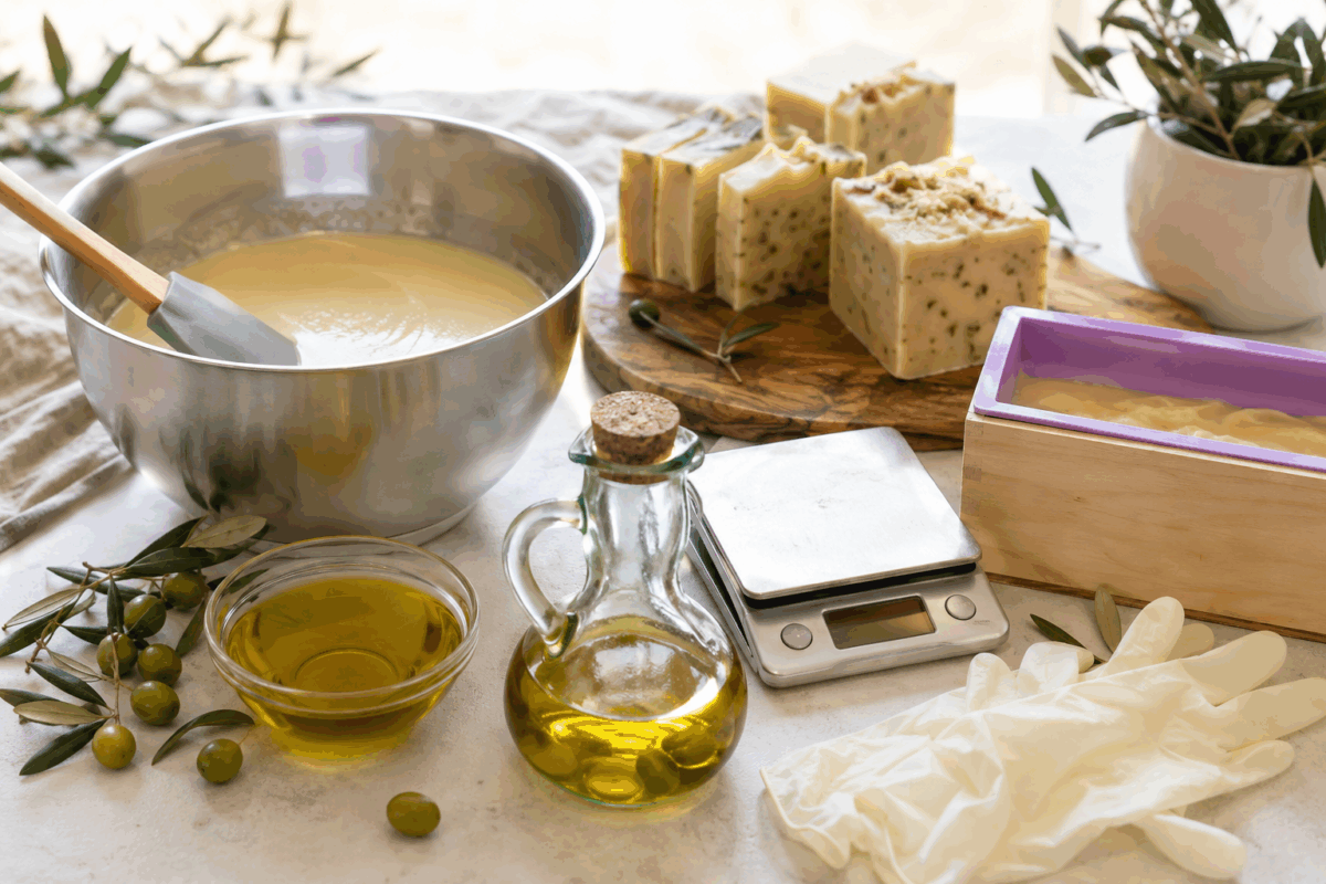 Preparazione del sapone naturale all’olio d’oliva vista da vicino, con ciotola in acciaio, olio d’oliva, stampo, panetti di sapone, bilancia e guanti protettivi su un piano luminoso