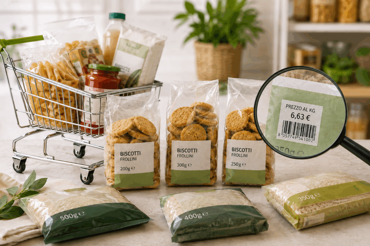 Confezioni di biscotti con pesi diversi accanto a un carrello della spesa e una lente d’ingrandimento che evidenzia il prezzo al kg