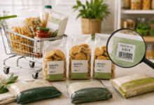 Confezioni di biscotti con pesi diversi accanto a un carrello della spesa e una lente d’ingrandimento che evidenzia il prezzo al kg