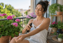 Donna che spruzza repellente antizanzare naturale sulle braccia su un balcone con vasi di geranio
