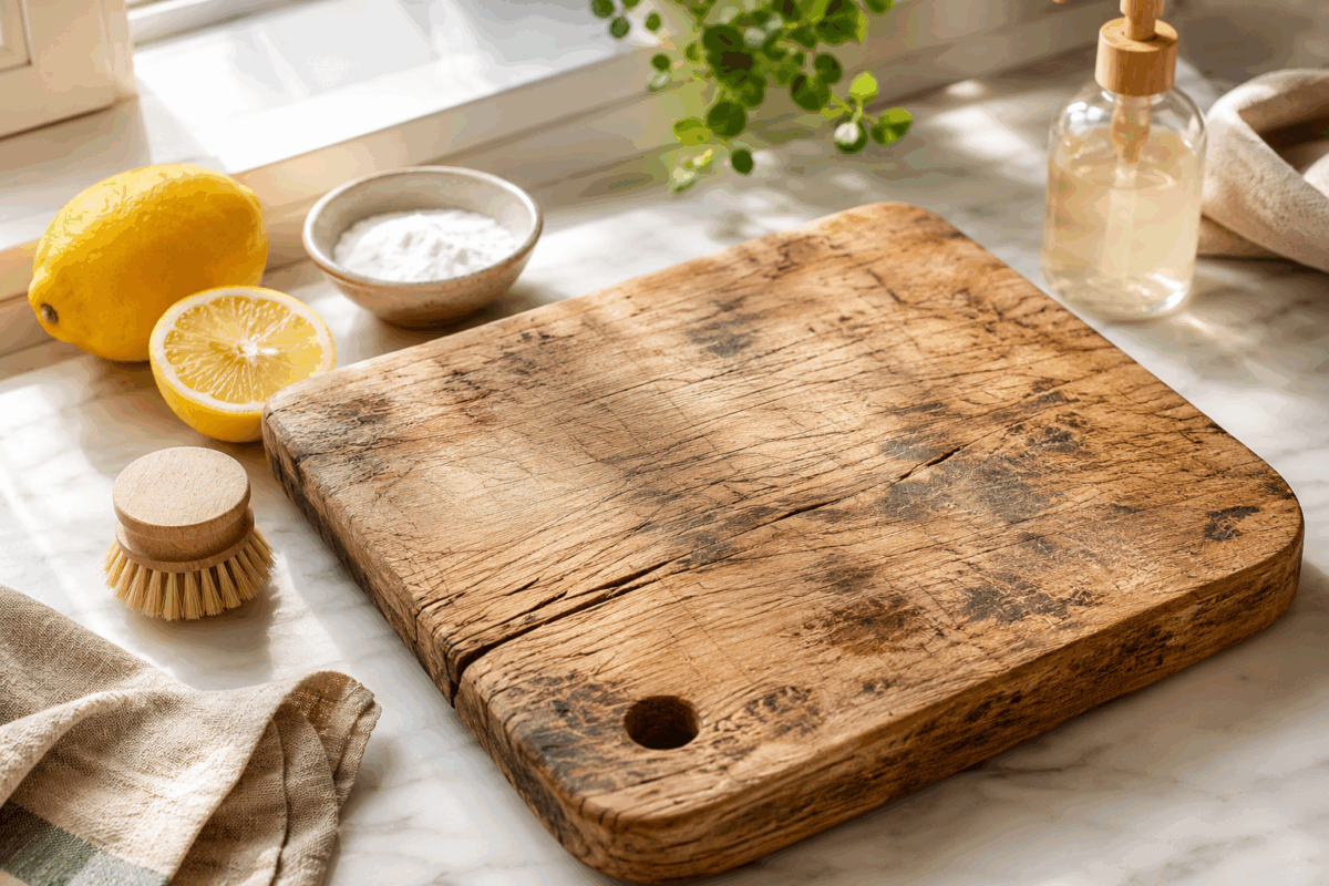 Tagliere di legno molto usato con crepe, solchi e macchie scure su piano in marmo, accanto a limone, bicarbonato, spazzolina e sapone ecologico