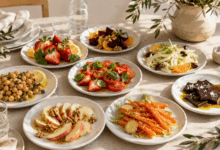 Tavola elegante con tovaglia di lino beige e piatti bianchi, apparecchiata con diversi abbinamenti di food pairing: fragole con basilico e limone, ceci con capperi e limone, barbabietola con arancia e noci, pomodoro con fragole e basilico, cioccolato fondente con sale e olio extravergine, carote con zenzero e sesamo, finocchi con arancia e olive, mela con senape e noci