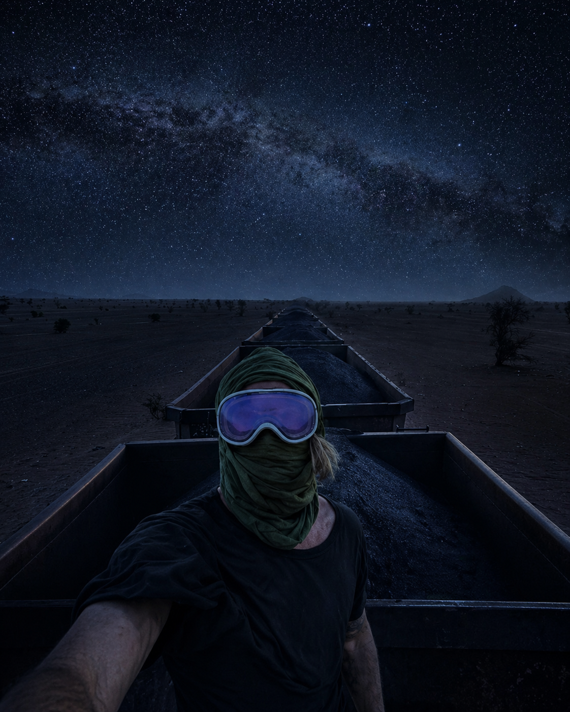 Viaggiatore a bordo del treno del ferro in Mauritania durante la notte, con il Sahara buio e la Via Lattea ben visibile sopra il lungo convoglio nel deserto