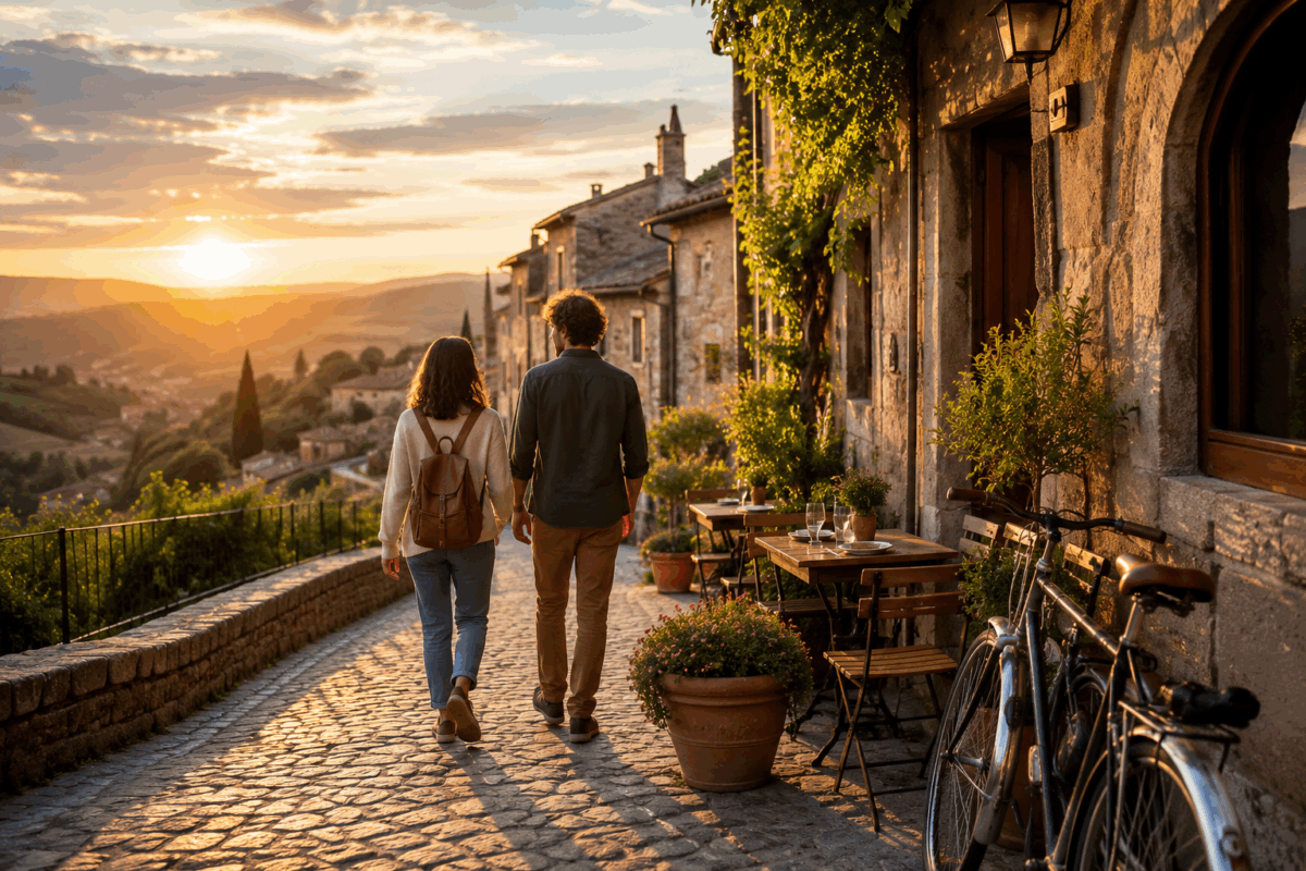 Coppia che passeggia al tramonto in un borgo italiano durante una vacanza di turismo slow tra biciclette, case in pietra e atmosfera rilassata