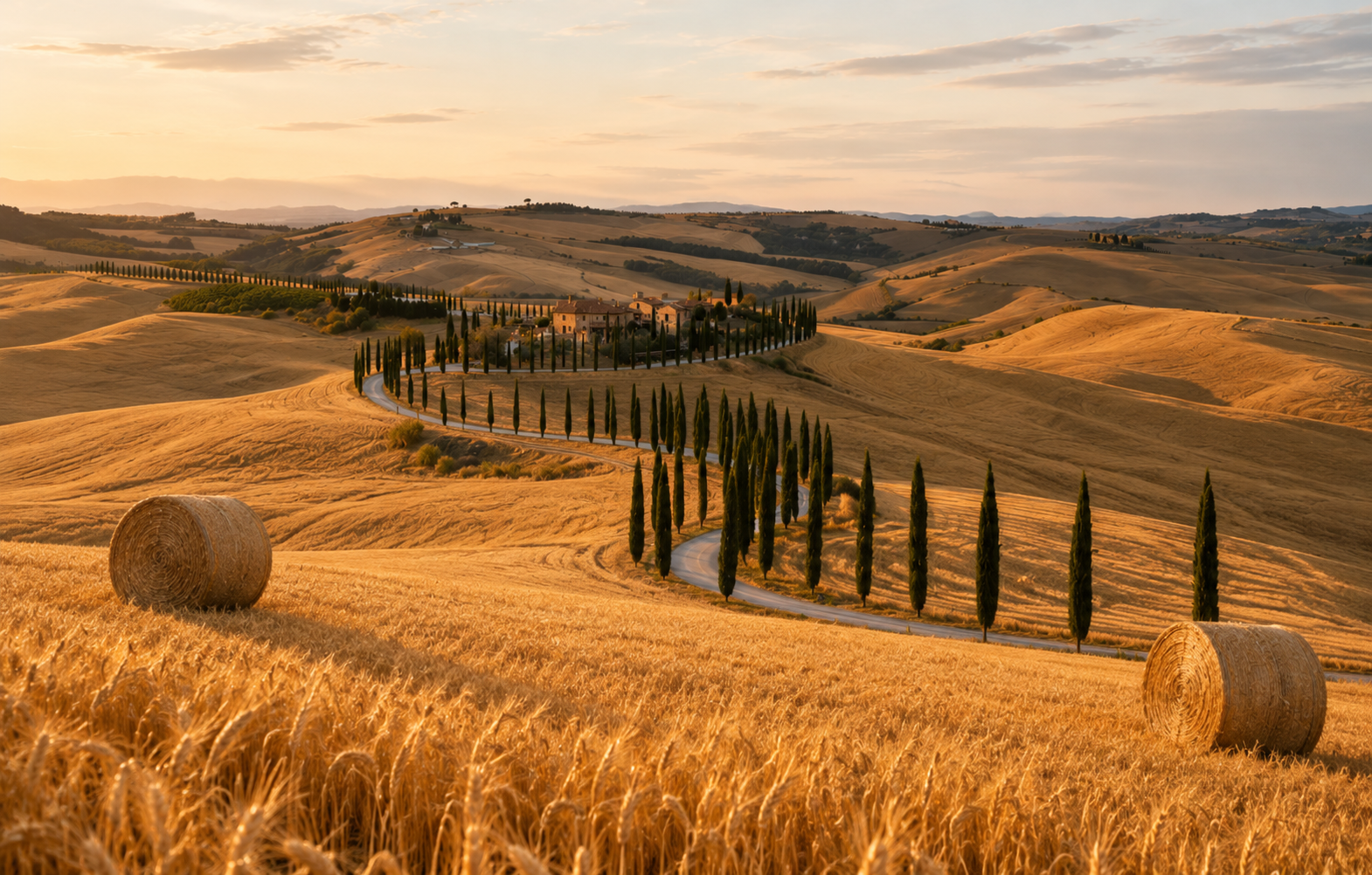 Paesaggio collinare toscano con campi di grano dorato, strada tra cipressi e due balle di fieno al tramonto, simbolo di turismo slow e viaggio nella natura italiana