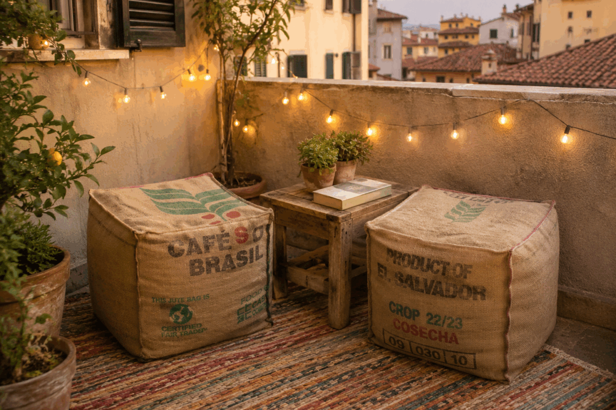 Due pouf fai-da-te realizzati con vecchi sacchi di juta da caffè, sistemati su un terrazzino con tappeto colorato, tavolino in legno, libro, piante grasse e luminarie davanti a case di una città italiana