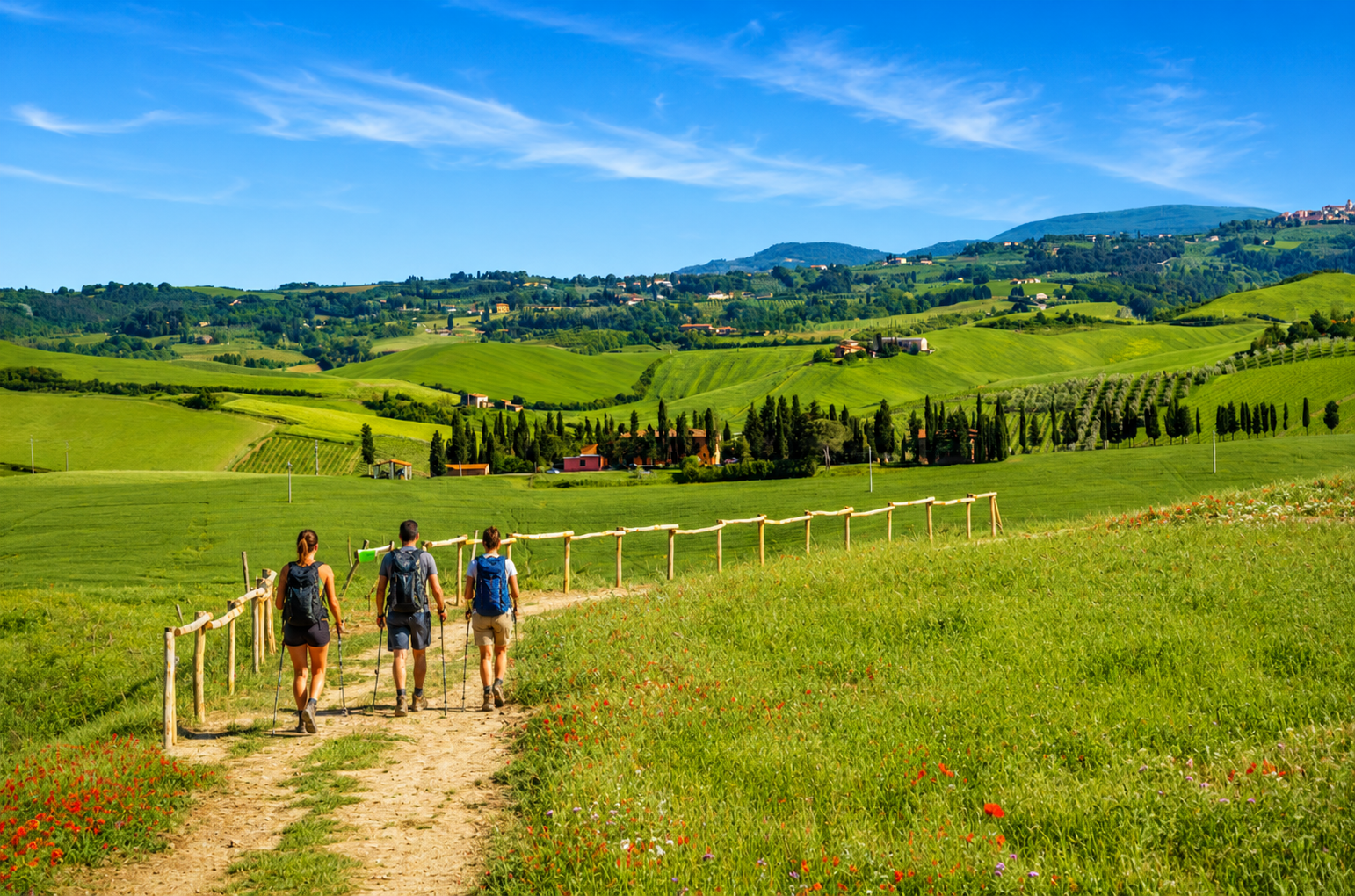 Escursionisti lungo un tratto della Via Francigena in Toscana tra colline verdi, sentieri sterrati e paesaggi rurali italiani sotto un cielo azzurro