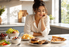 Donna in una cucina luminosa osserva snack dolci e salati accanto a frutta e yogurt, simbolo della voglia di junk food e del craving alimentare